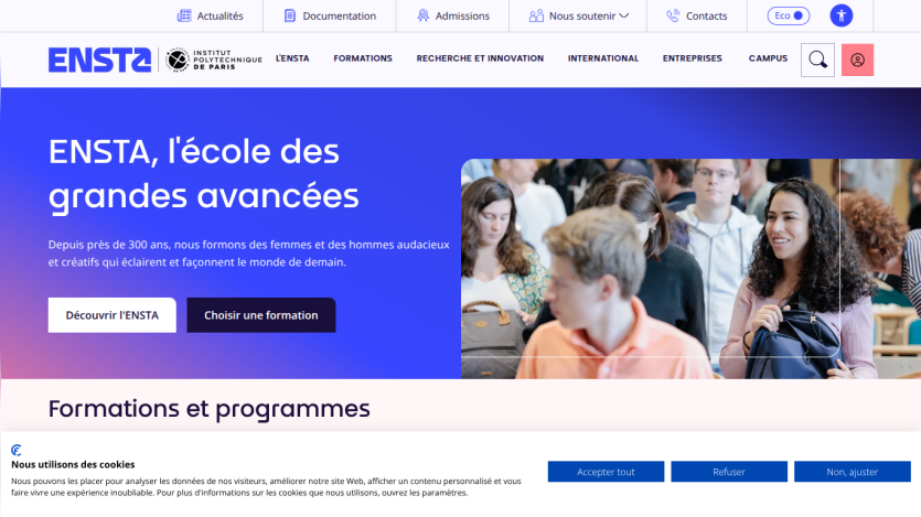 ENSTA homepage with headline about training bold and creative men and women, navigation menu, and photo of students