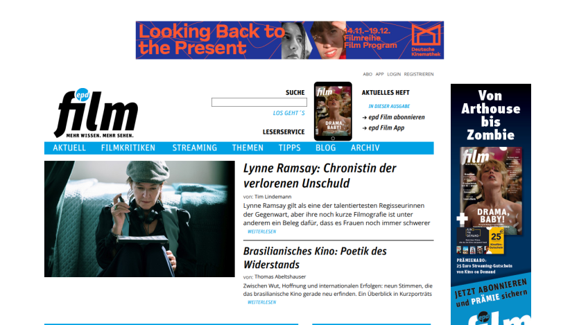 Film website homepage featuring articles on Lynne Ramsay and Brazilian cinema, with navigation and subscription options