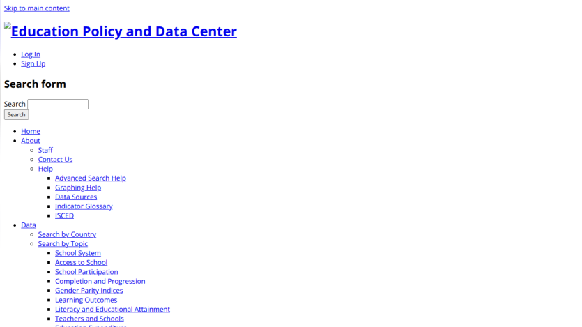 FHI 360 Education Policy and Data Center homepage with navigation and featured articles.