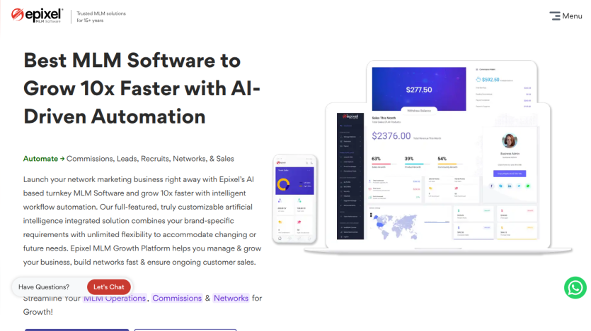 Epixel MLM software homepage promoting AI-driven automation to grow network marketing businesses faster with customizable features