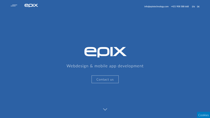 Epix webdesign and mobile app development homepage with contact button and navigation links