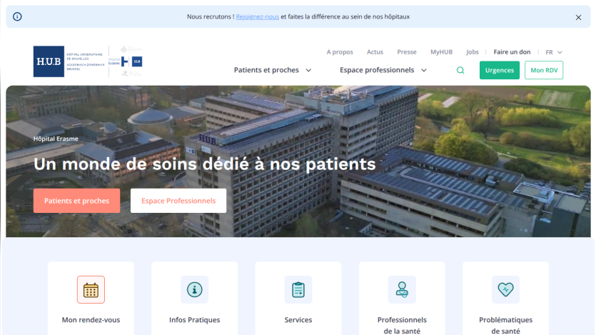 Hospital website homepage with navigation, hero image of hospital building, and patient and professional sections