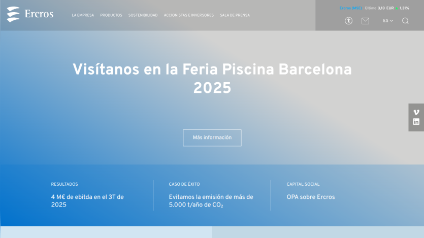 Ercros website promoting visit to Feria Piscina Barcelona 2025 with financial and sustainability highlights