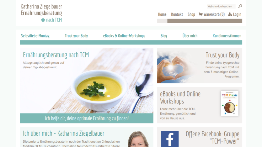 Website for nutritional consulting featuring a bowl of soup and links to resources.