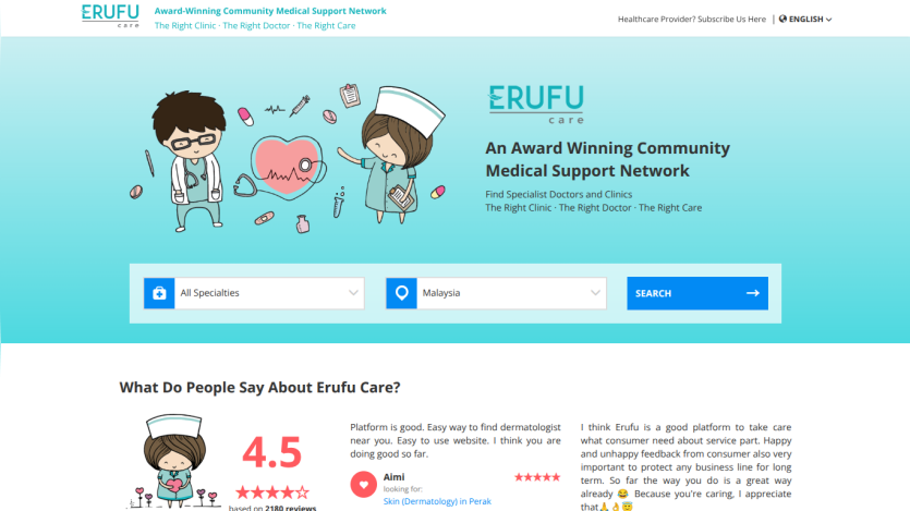 Erufu Care medical support network homepage with search for specialties and location, rating and user testimonials