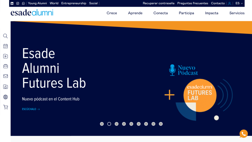 Esade Alumni Futures Lab homepage featuring a podcast announcement and navigation options.