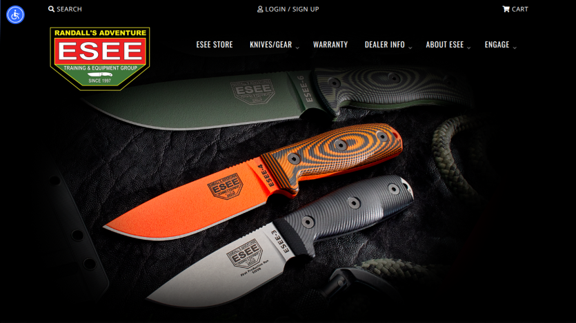 ESEE knives displayed on dark background with navigation menu and login/cart options