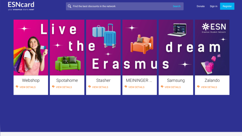 ESNcard website header with search bar and promotional cards for discounts on webshop, housing, travel, and electronics