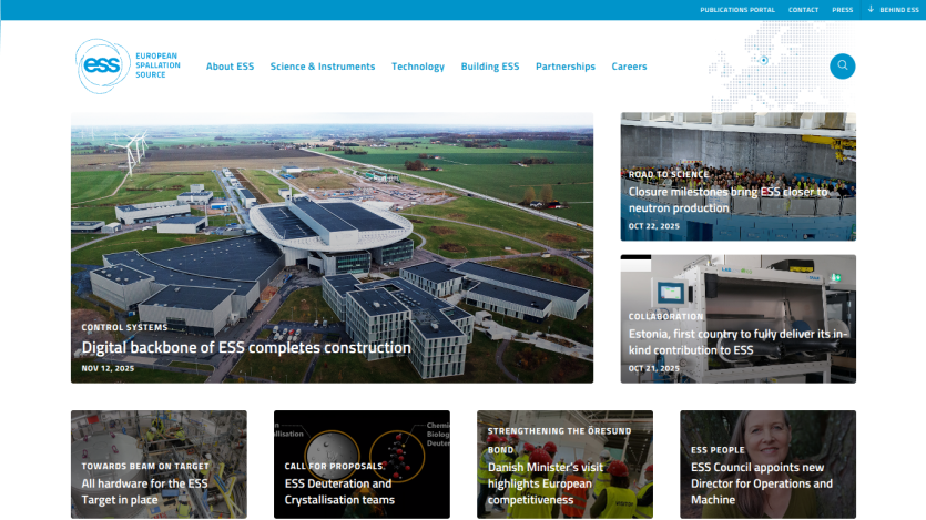 European Spallation Source homepage with news articles on construction, neutron production, and collaborations.