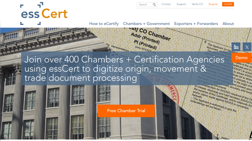 Website header and hero section promoting essCert's service to digitize origin, movement, and trade document processing with a free trial button