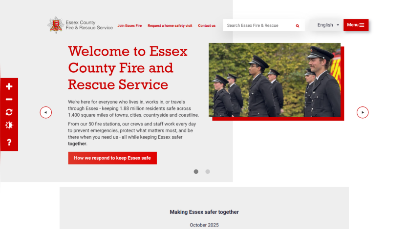 Essex County Fire and Rescue Service homepage with welcome message, safety info, and image of uniformed firefighters.