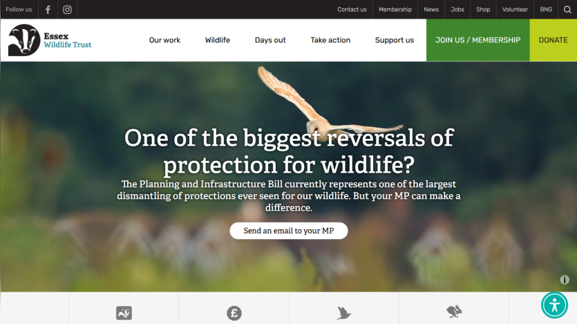 Essex Wildlife Trust website with a call to action about wildlife protection and sending an email to your MP.