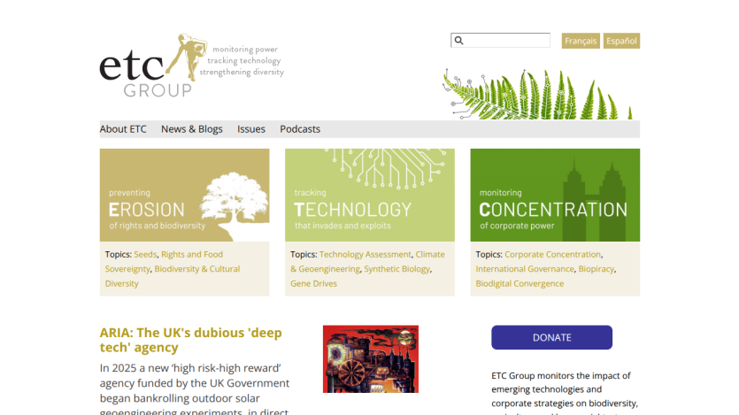 ETC Group homepage featuring sections on erosion, technology, and concentration with a donation button.
