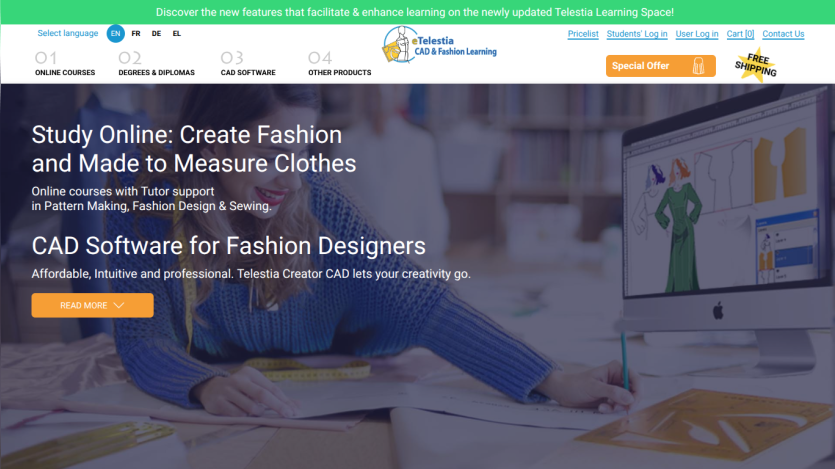 Online fashion study program with CAD software for designers highlighted.