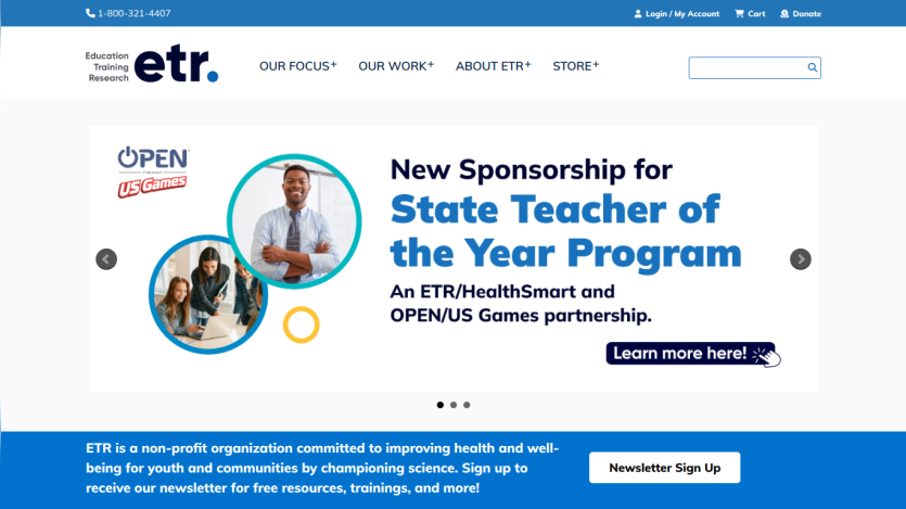 ETR homepage featuring new sponsorship for State Teacher of the Year Program and newsletter sign up