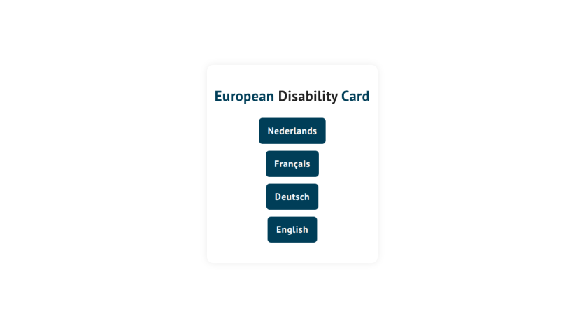 Language selection screen for European Disability Card with options Nederlands, Français, Deutsch, English