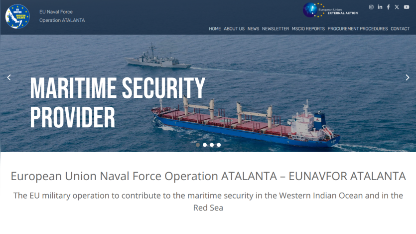 EU Naval Force Operation ATALANTA maritime security provider with naval ships on ocean background