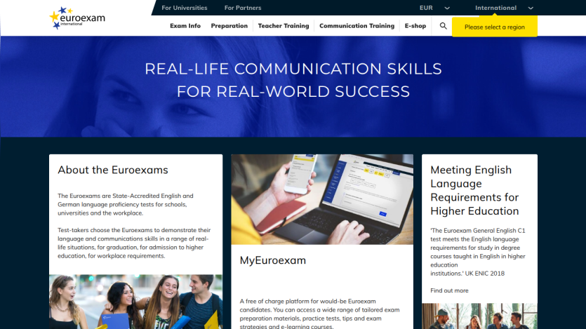 Euroexam homepage with navigation, headline on communication skills, and sections about Euroexams, MyEuroexam, and English language requirements