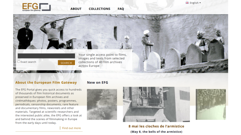 European Film Gateway homepage with search bar, historical film archive info, and new film highlights