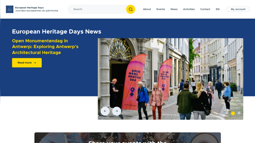 European Heritage Days News with article on Antwerp's architectural heritage and photo of people walking in a historic street.
