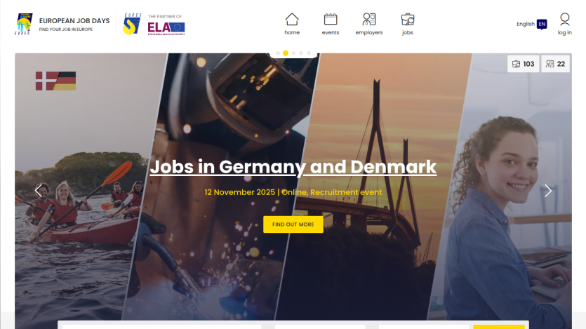 Website header with navigation and hero section promoting jobs in Germany and Denmark with a call to action button