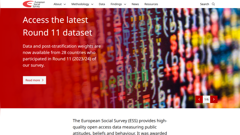 European Social Survey homepage highlighting access to the latest Round 11 dataset from 28 countries with navigation menu and search
