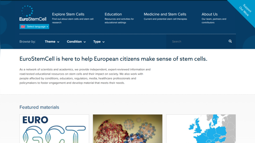 EuroStemCell homepage with navigation, introductory text about stem cells, and featured materials including Euro GCT and a Europe map