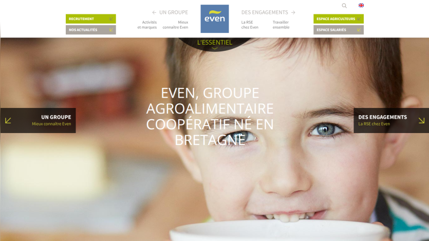 Homepage of Even, showcasing a child with a bowl, emphasizing cooperative agriculture in Brittany.