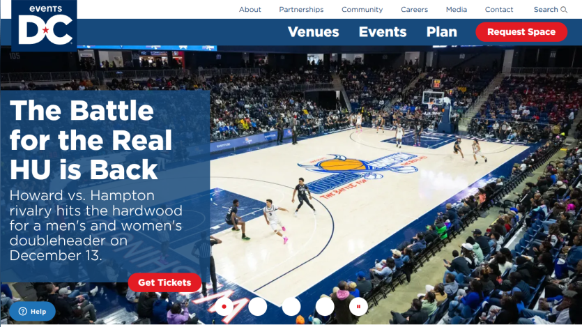 Events DC website promoting Howard vs. Hampton basketball doubleheader with ticket purchase option