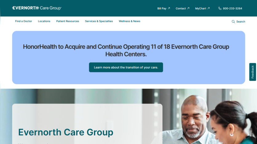 Evernorth Care Group homepage with announcement about HonorHealth acquisition and navigation links for finding doctors, locations, and patient resources.