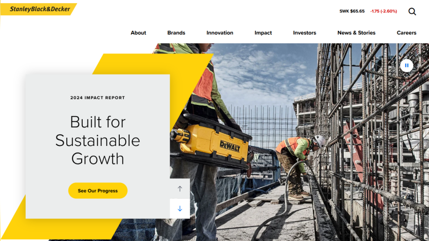 Stanley Black & Decker 2024 Impact Report promoting sustainable growth with a construction site background