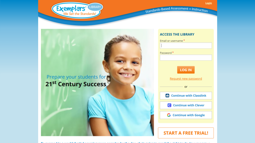 Login page for a student success platform with a smiling girl and access options.