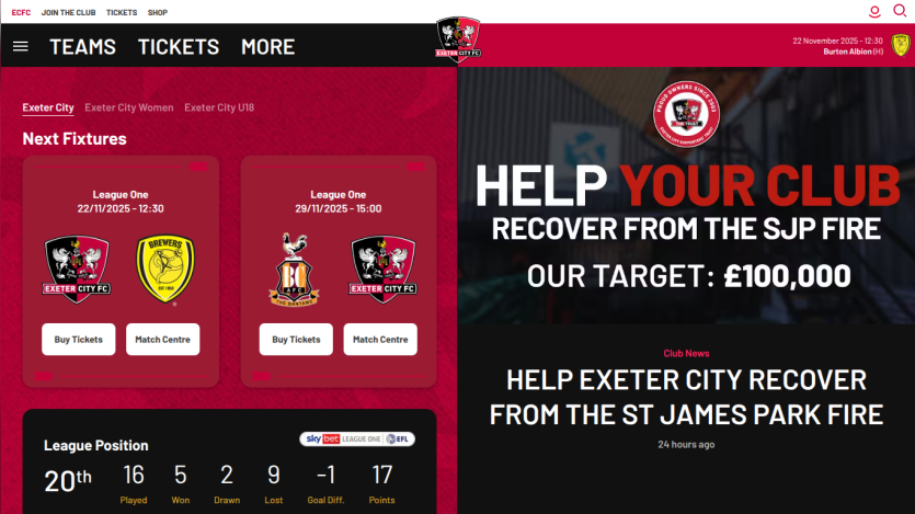 Exeter City FC website showing next fixtures, league position, and a fundraising campaign for SJP fire recovery