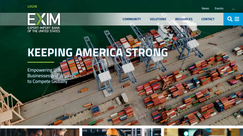 Homepage of EXIM Bank featuring the slogan 'Keeping America Strong' and an image of shipping containers.