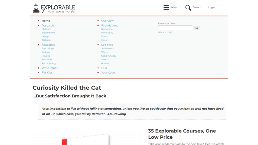 Homepage of Explorabile featuring a quote and links to courses.