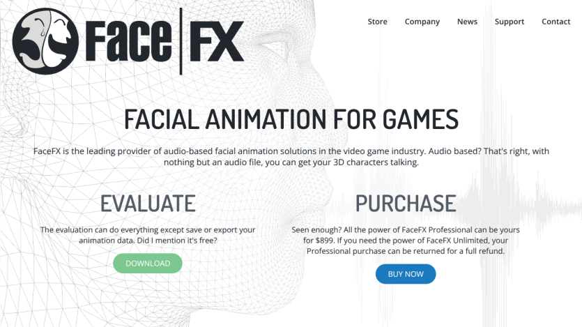 FaceFX website showcasing facial animation solutions for games with options to evaluate and purchase.