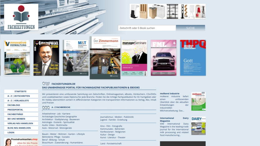 Homepage featuring various publications and a navigation menu.