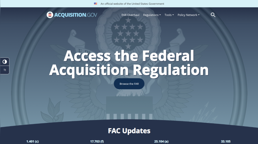 Government website homepage with navigation and a call to access the Federal Acquisition Regulation