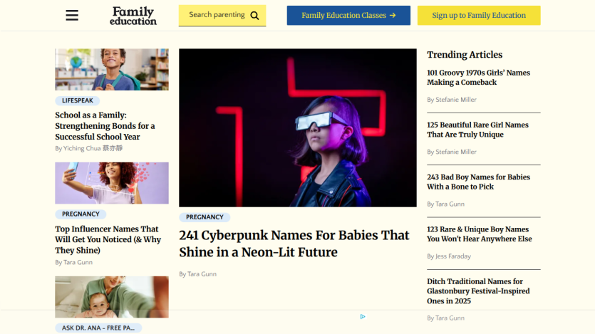 Family Education homepage featuring trending articles and a neon-lit image of a child.