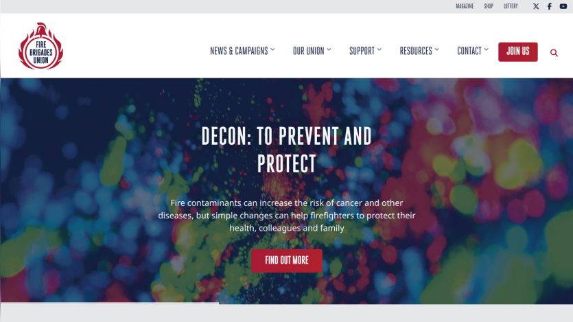 Fire Brigades Union website with a campaign on preventing and protecting against fire contaminants and health risks
