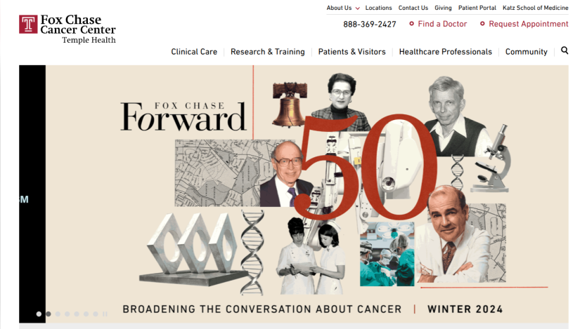 Fox Chase Cancer Center homepage with navigation, contact info, and a hero section celebrating 50 years of cancer research and care