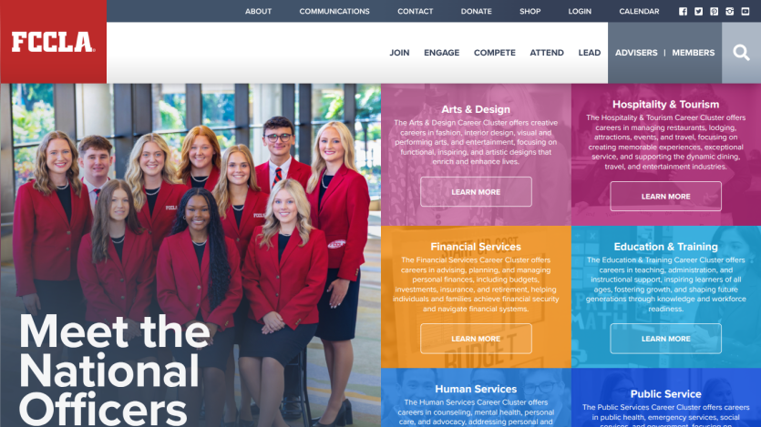 FCCLA homepage featuring Meet the National Officers with navigation menu and program areas