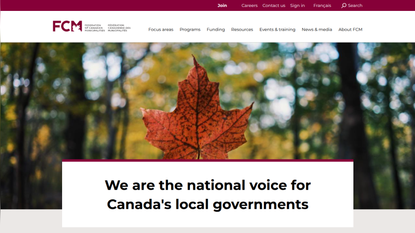 Federation of Canadian Municipalities homepage with a maple leaf image and headline about representing Canada's local governments