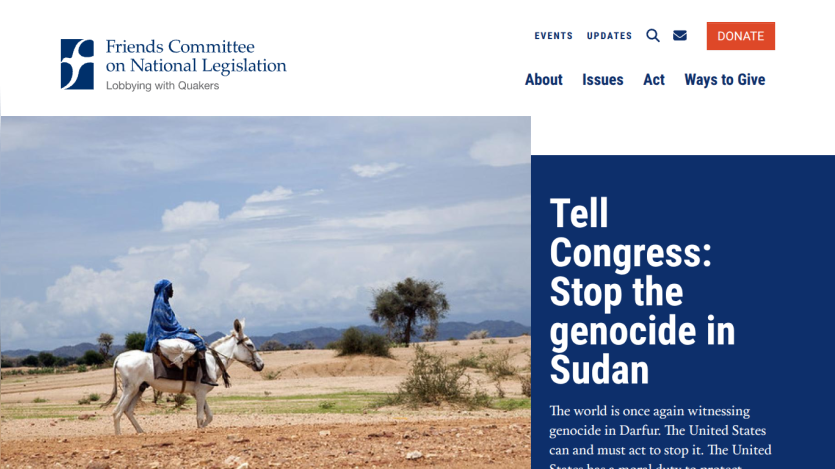 Friends Committee on National Legislation website urging to stop genocide in Sudan with a horseback rider image