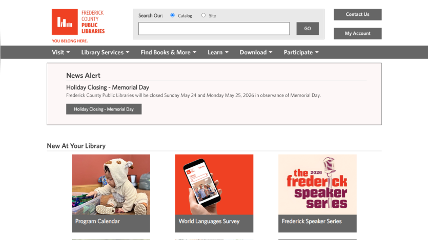 Frederick County Public Libraries homepage featuring news alert and library programs.