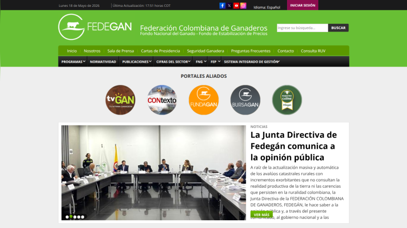 Homepage of FEDEGAN with news about the board's communication and logos of partner organizations.
