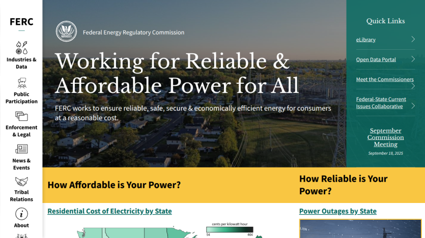 FERC homepage featuring a mission statement and links to power reliability resources.