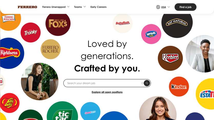 Job search page with Ferrero brand logos and slogan 'Loved by generations. Crafted by you.'