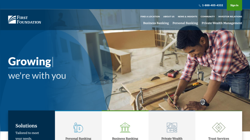Bank website homepage with navigation links and headline 'Growing we're with you' over image of man working with wood