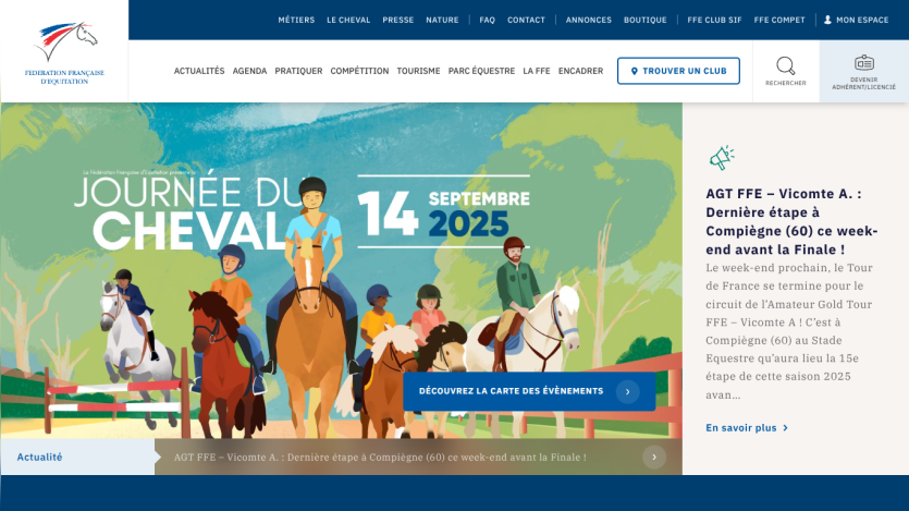 Event announcement for 'Journée du Cheval' on September 14, 2025, featuring riders and horses.